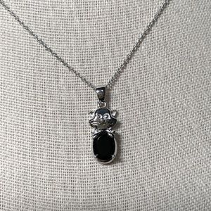 Kitty Cat Pendant Necklace with Black Rhinestone Belly, dainty silver tone chain